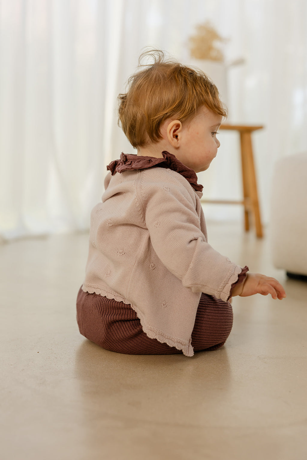 Babyphine – Cardigan Maité roze + Broek Lieke + Body Camille paars