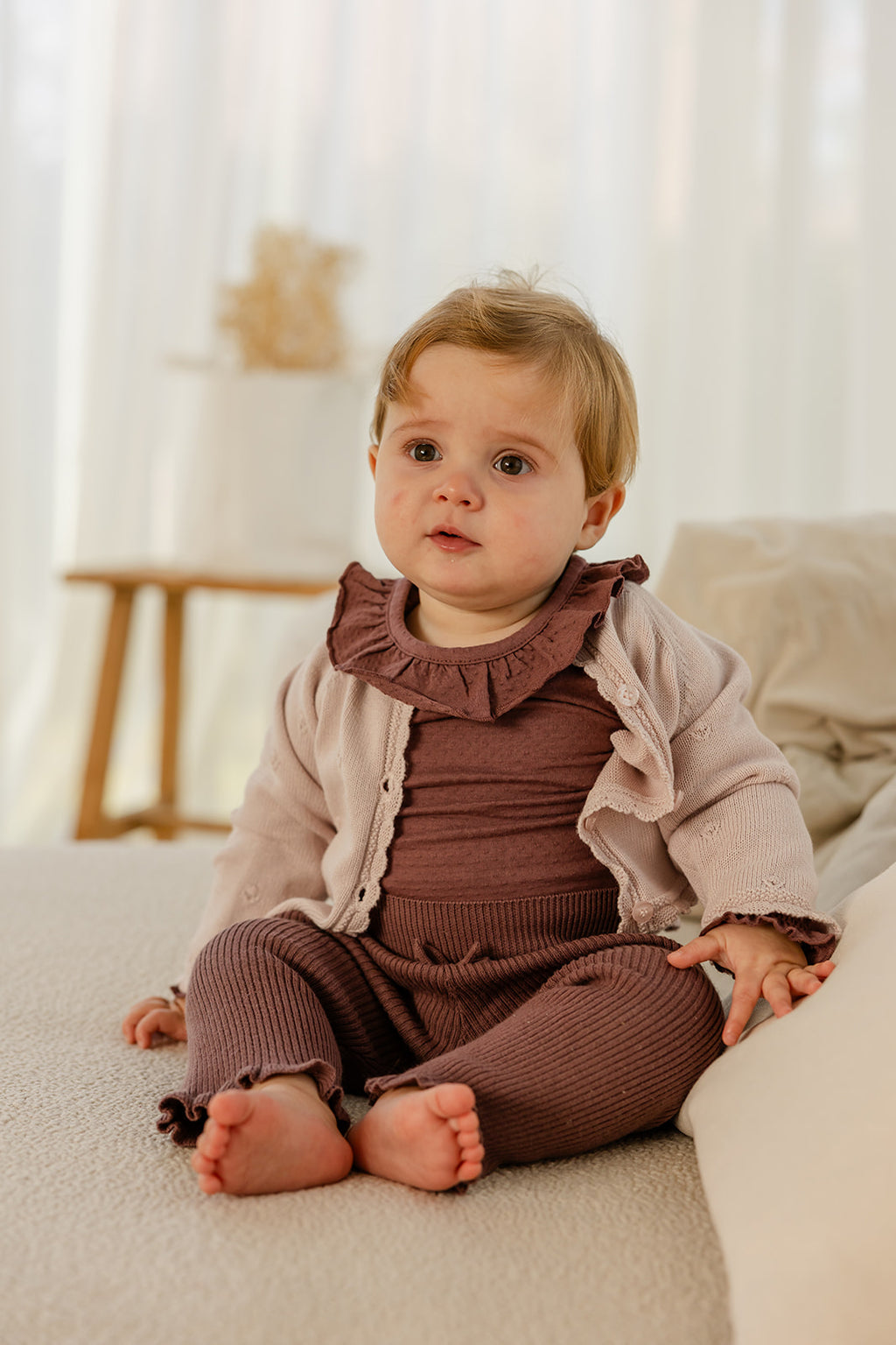 Babyphine – Cardigan Maité roze + Broek Lieke + Body Camille paars