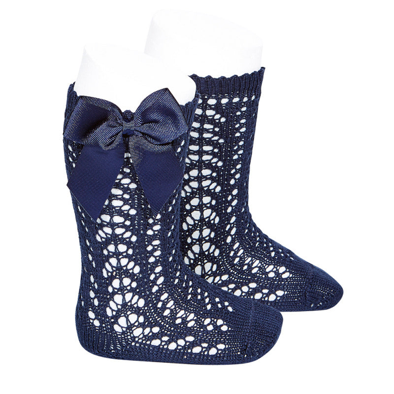 Opengeweven kniekous met strik Navy Blue
