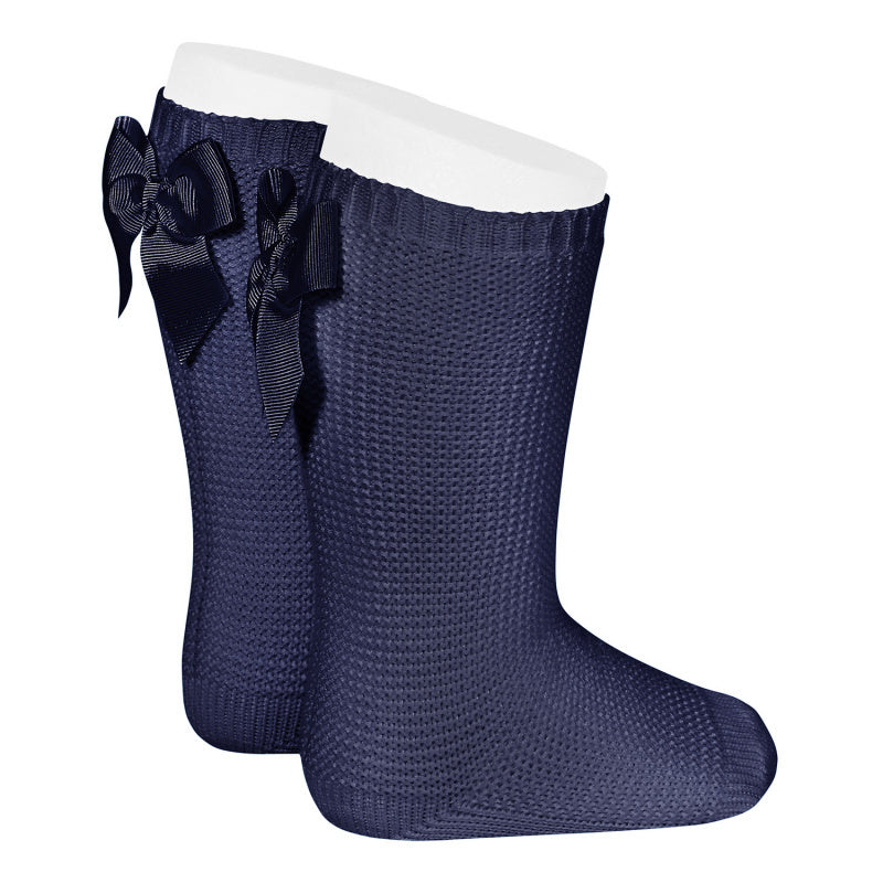 Licht gebreide kniekousjes met strik achteraan Marineblauw