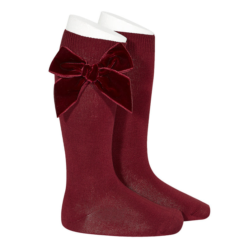 Kniekous met velvet strik Bordeaux