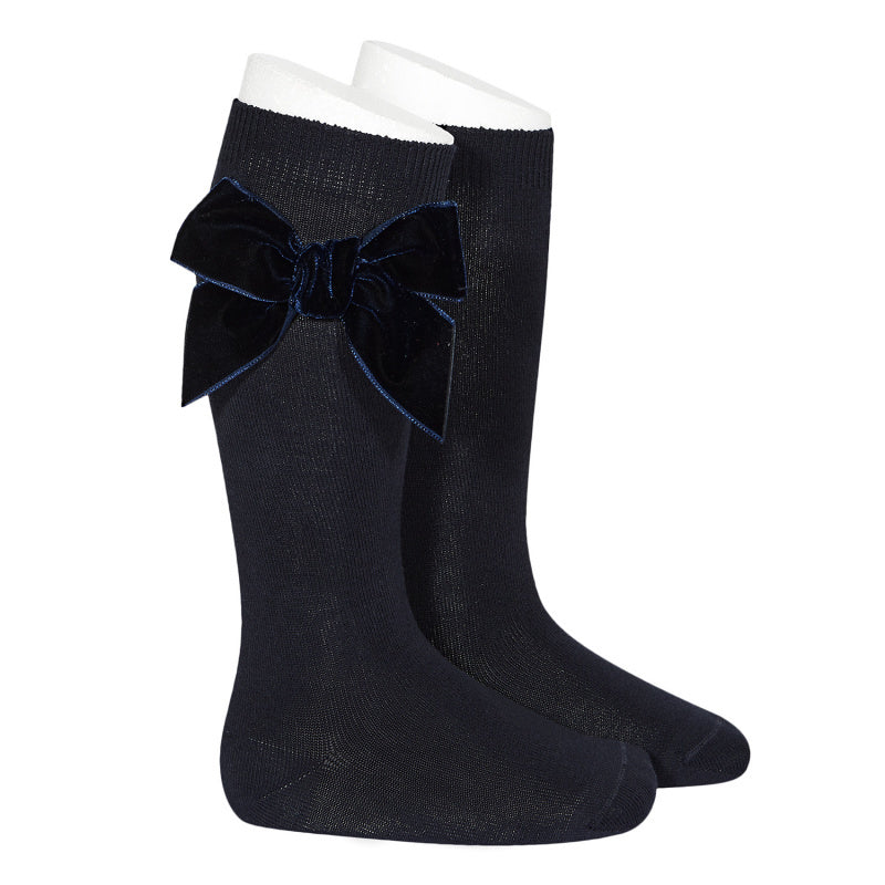 Kniekous met velvet strik Marineblauw